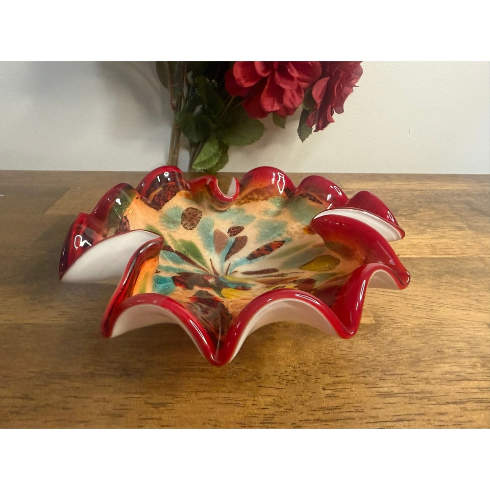 Vintage Hand Blown Art Glass Ruffled Bowl Red Aventurine Confetti Murano Style